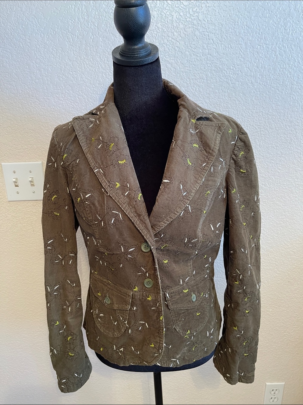 Olive Embroidered Cotton Blend Blazer Jacket
